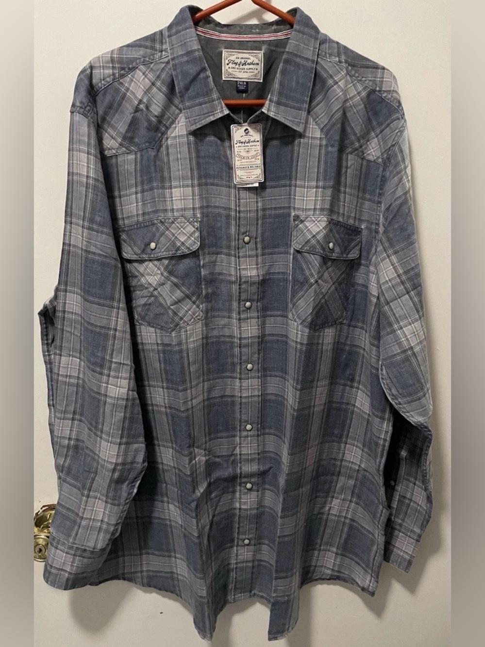 Flag & Anthem Mens Western Navy Slate Plaid Snap Button Shirt Front Pockets 2XLB